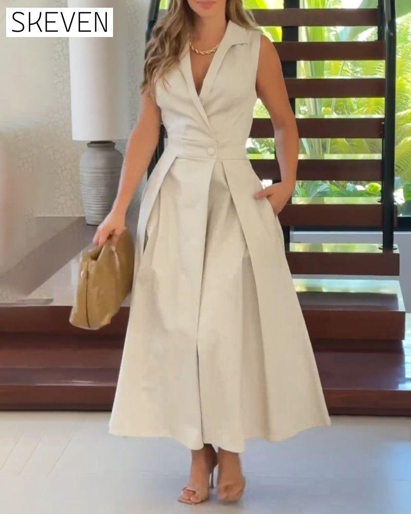 Sleeveless lapel elegant solid color dress