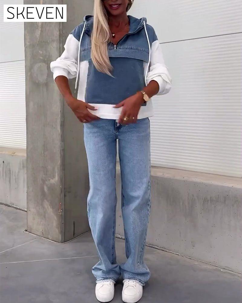 Casual denim patchwork zipper hoodie