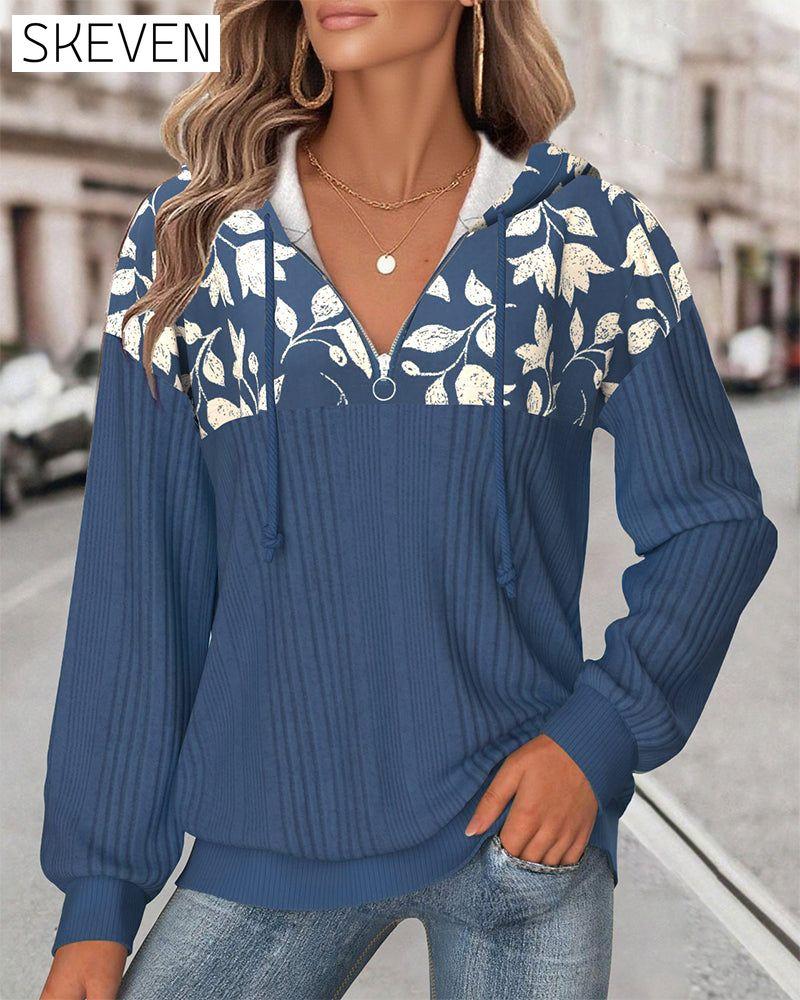 Sweat-shirt à capuche zippé à demi-hauteur et imprimé floral