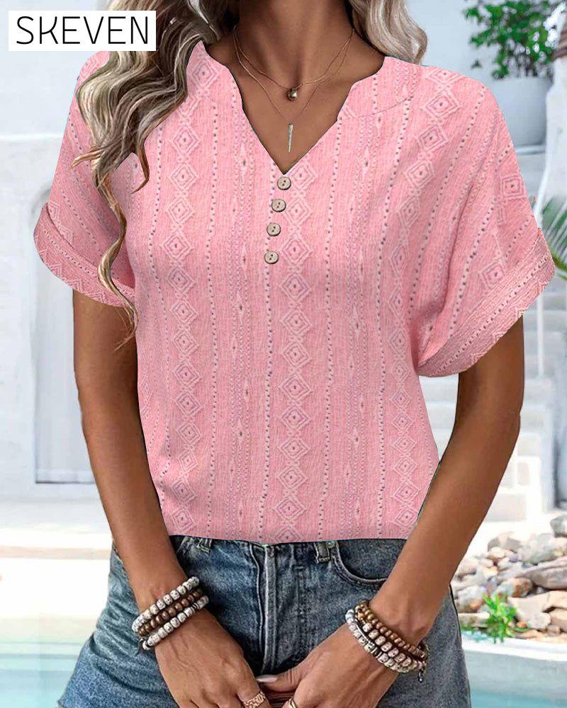 V-Neck Solid Color Casual Short-Sleeved T-Shirt