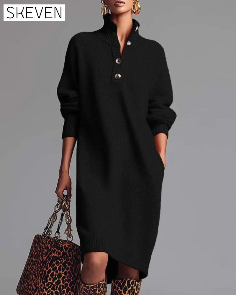 Solid Color Button High Neck Dress