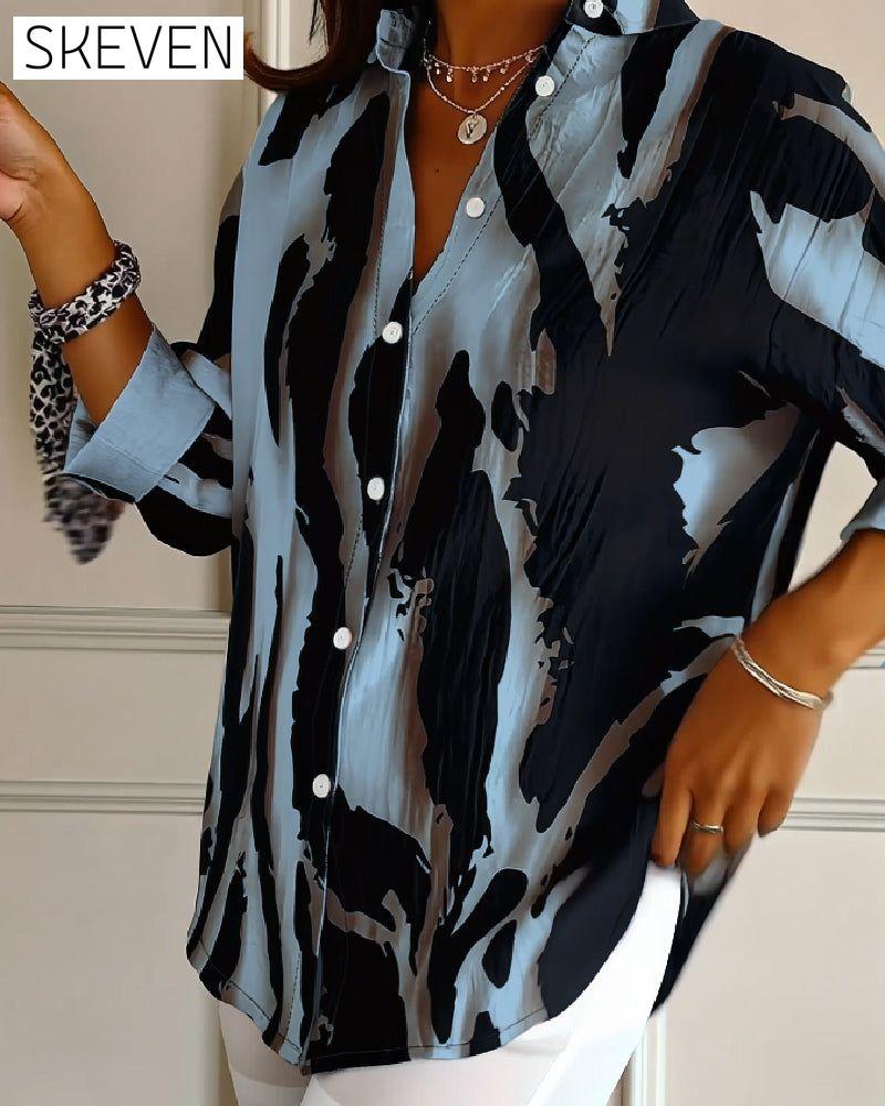 Stand Collar Irregular Printed Blouse