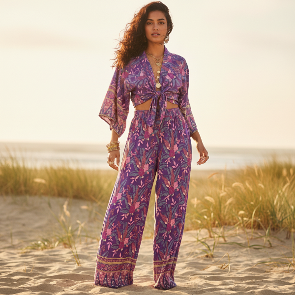 Boho Purple Floral Kimono & Wide Leg Pants Set