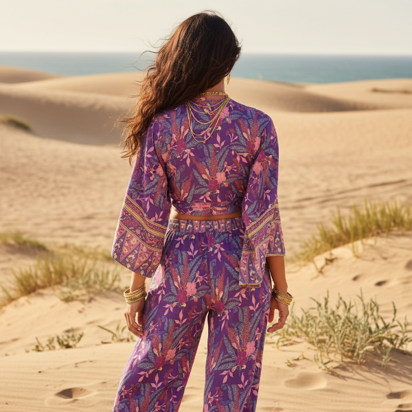 Boho Purple Floral Kimono & Wide Leg Pants Set