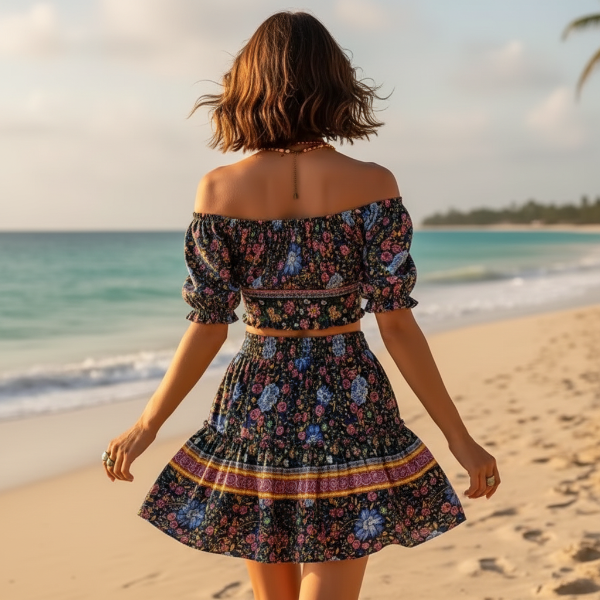 Boho Navy Floral Crop Top & Mini Skirt Set