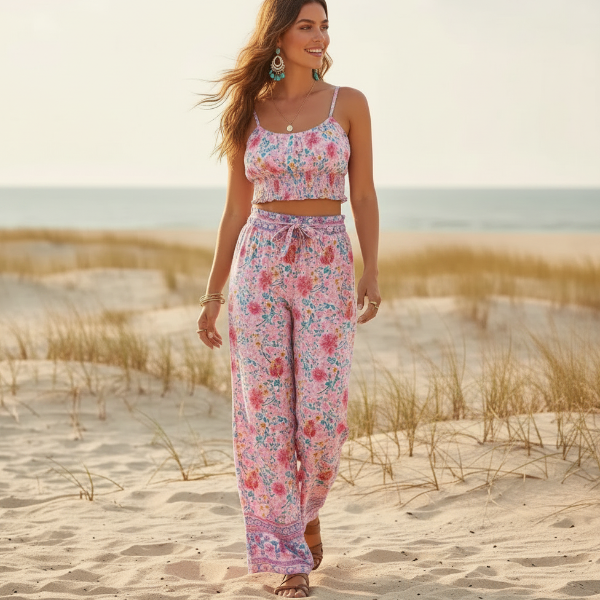 Pink Floral Boho Pant Set