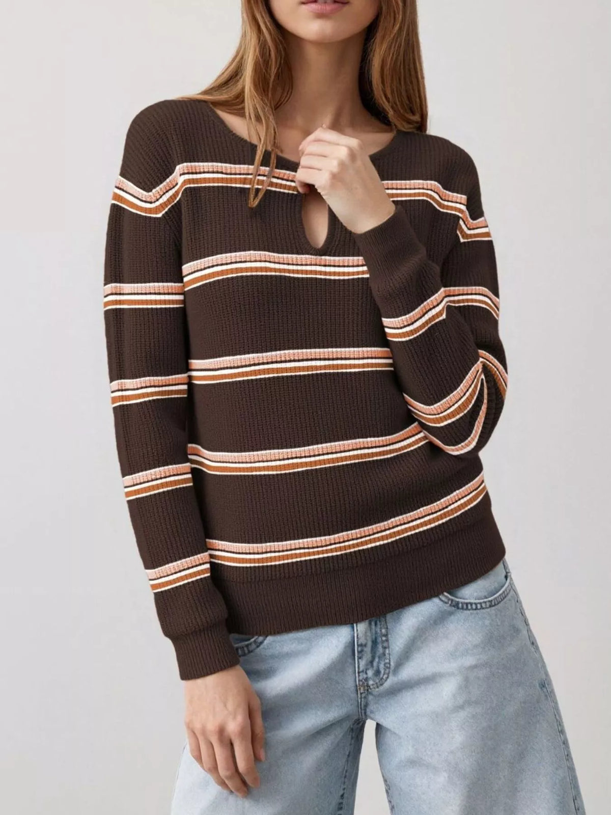 Striped Ribbed Knit Top with Keyhole Neckline