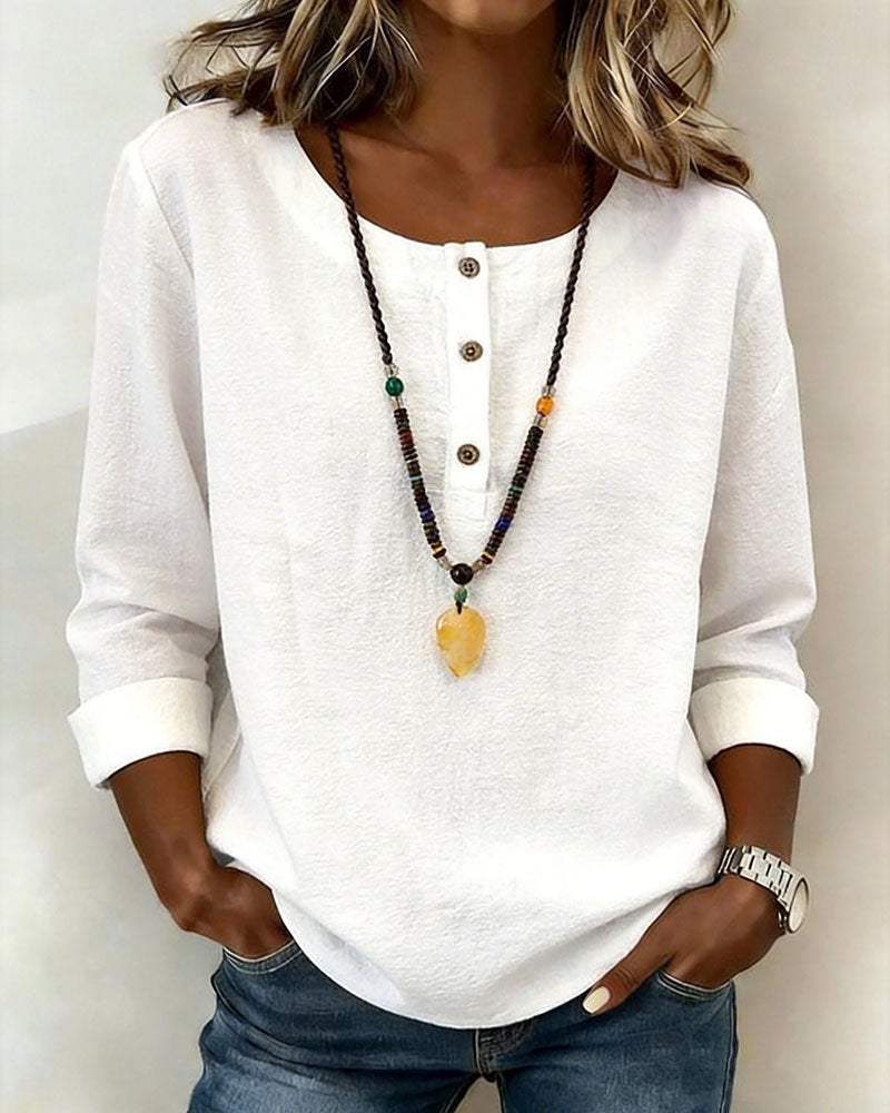 Round Neck Button Down Long Sleeve Blouse