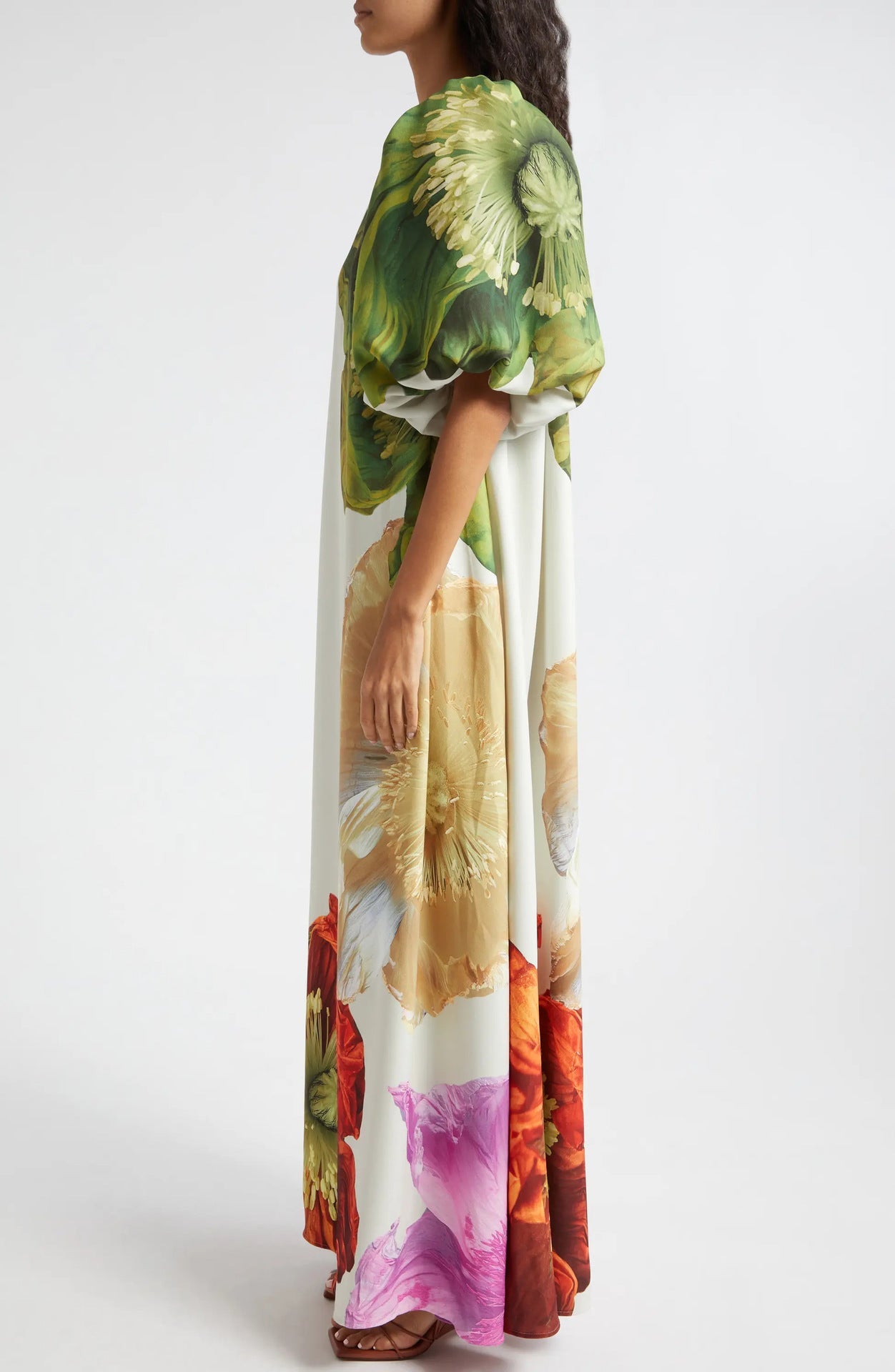 Floral Asymmetrical Neck Balloon Sleeve Maxi Dress