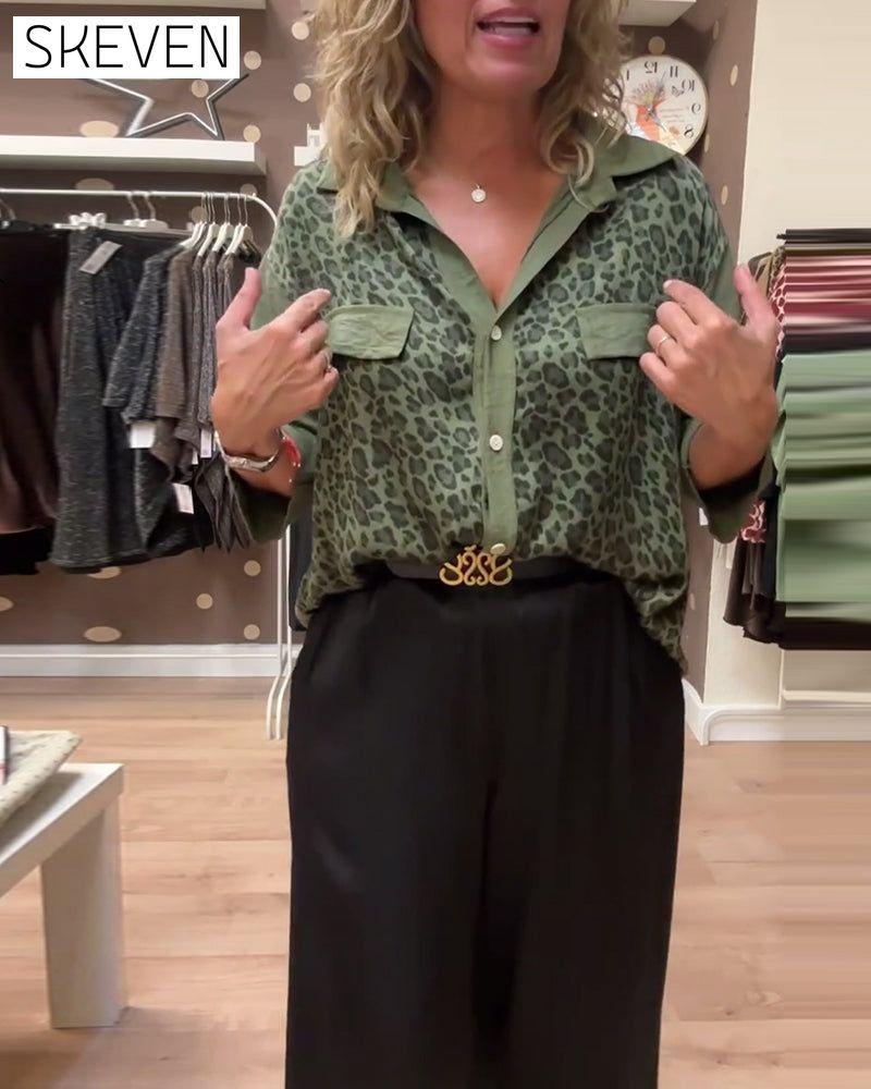 Lapel leopard print button-down casual shirt