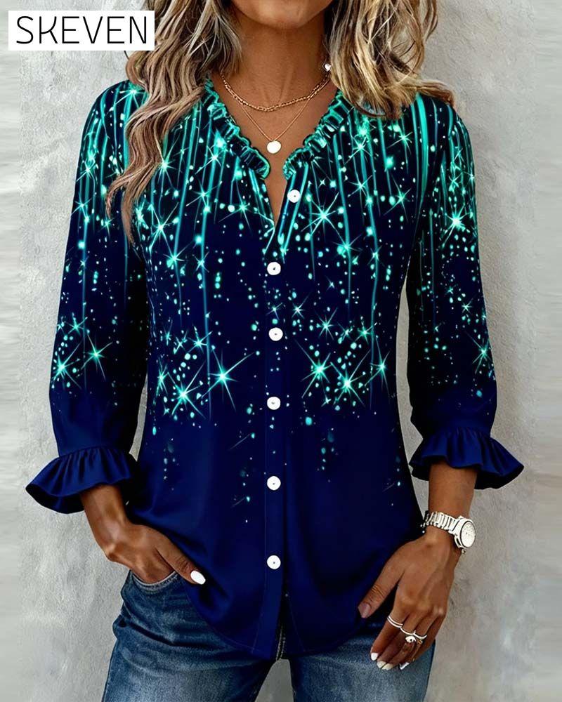 Flounce Trim Print Button-Up Shirt