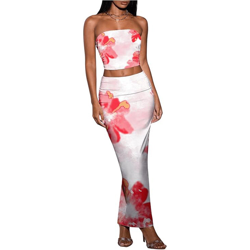 Sexy Form-fitting Two-piece Set Featuring A Floral Bustier Top And A Midriff-baring Bodycon Skirt