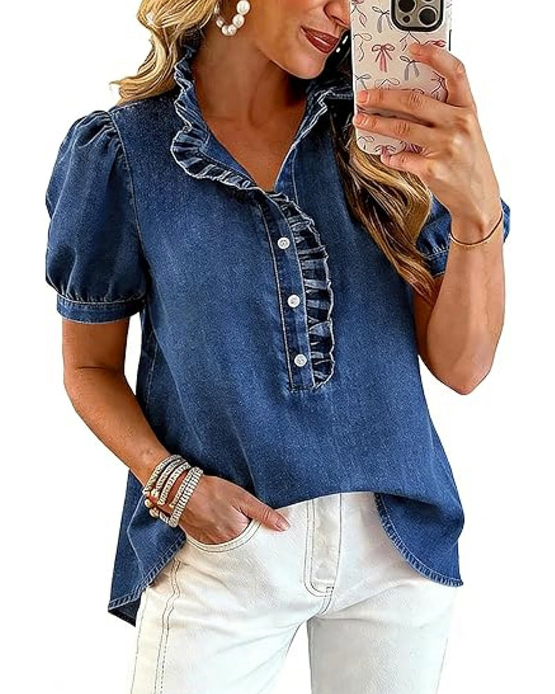 Button Up Ruffle Denim Blouse