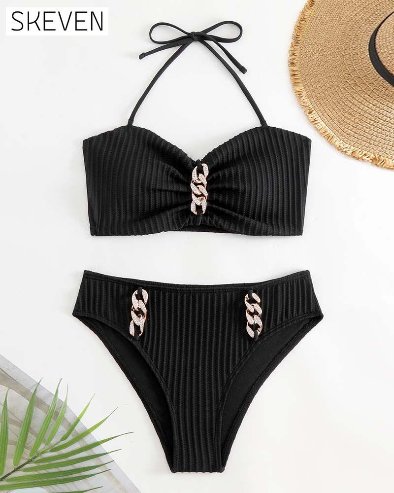 Halter Solid Color Striped Swimsuit
