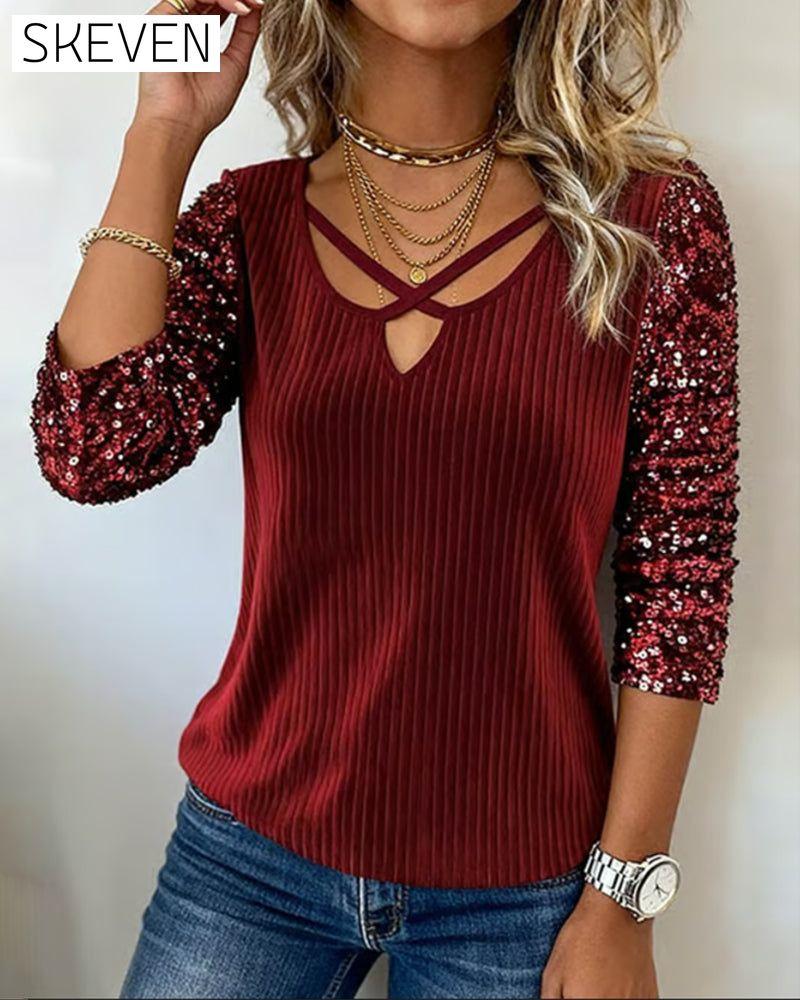 Sequin Panel Long-Sleeved Top