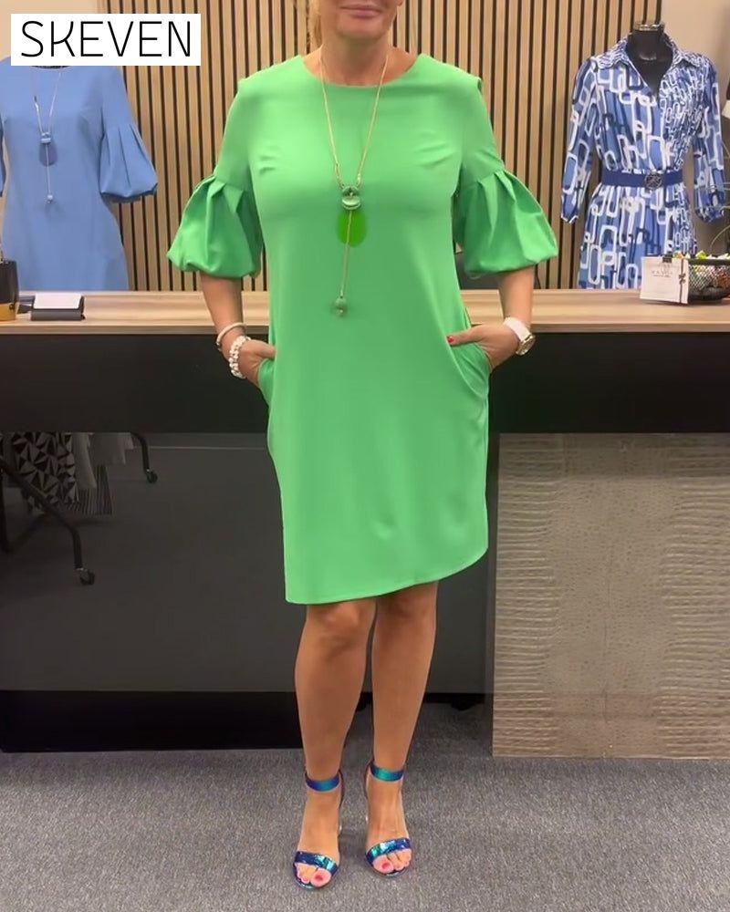 Bell sleeve solid color round neck dress casual dresses spring summer