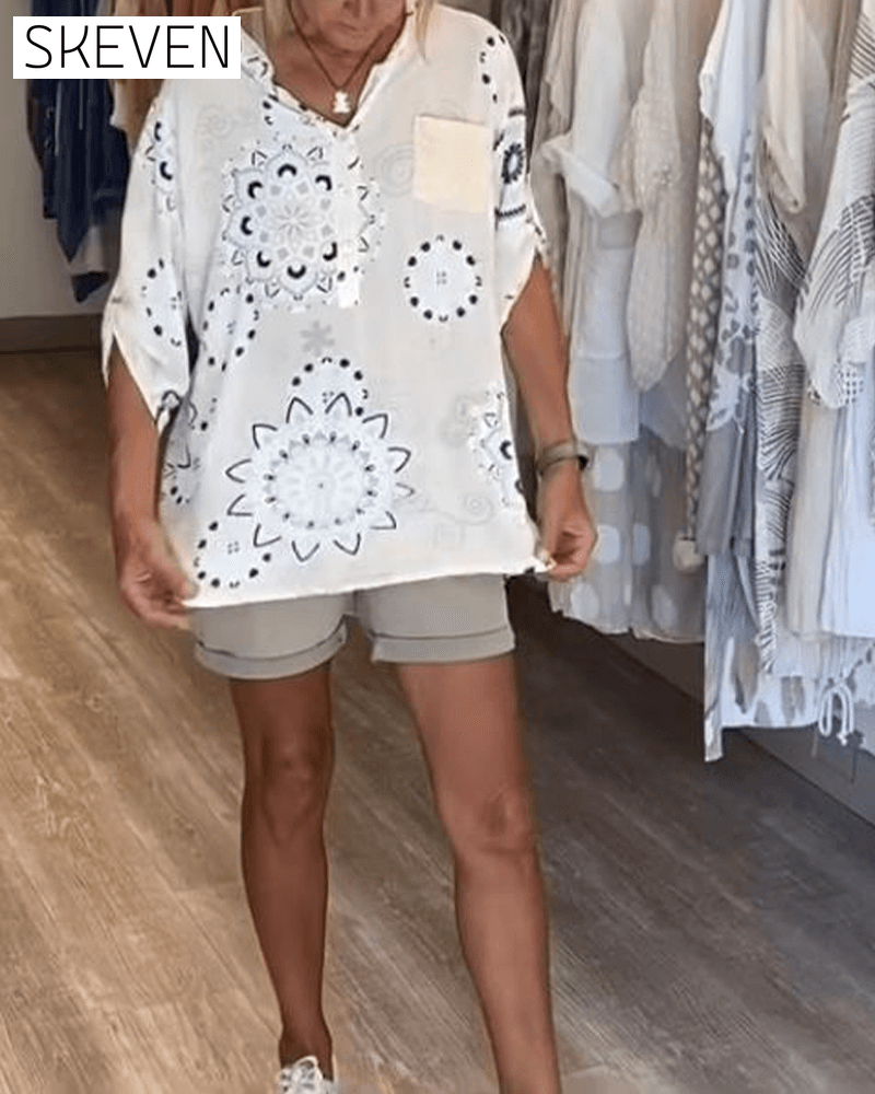 Versatile V-Neck Printed Half Sleeves Blouse