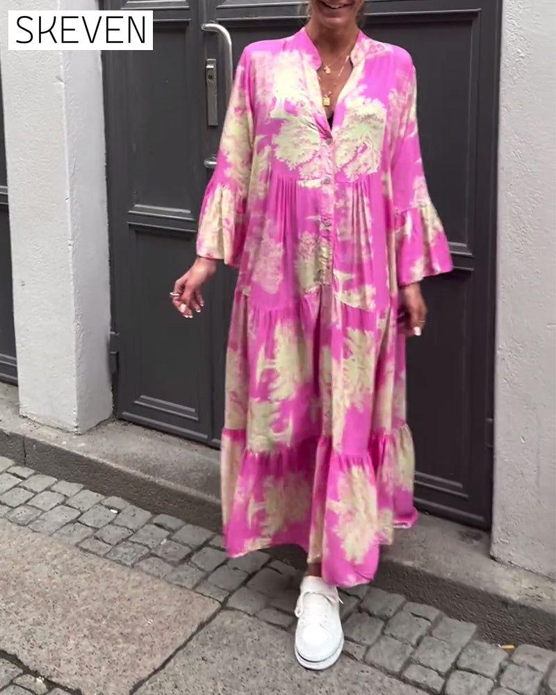 Loose printed V-neck bell sleeve patchwork dress
