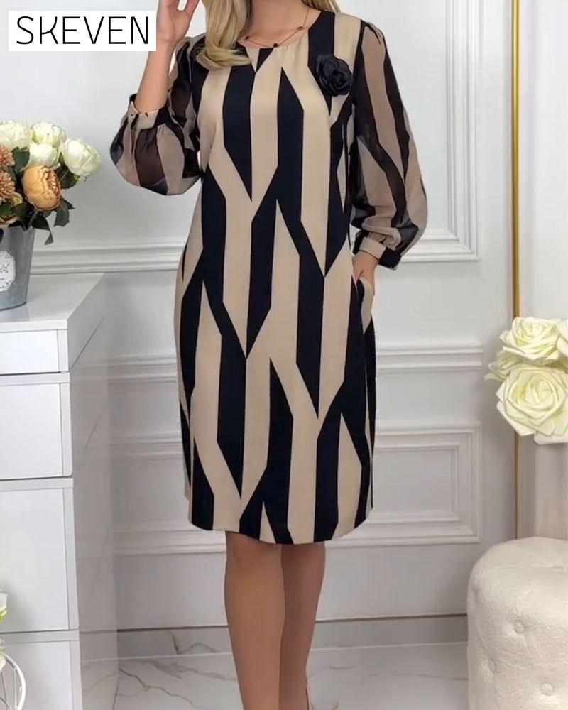 Bedrucktes Kleid mit Rundhalsausschnitt und Laternenärmeln