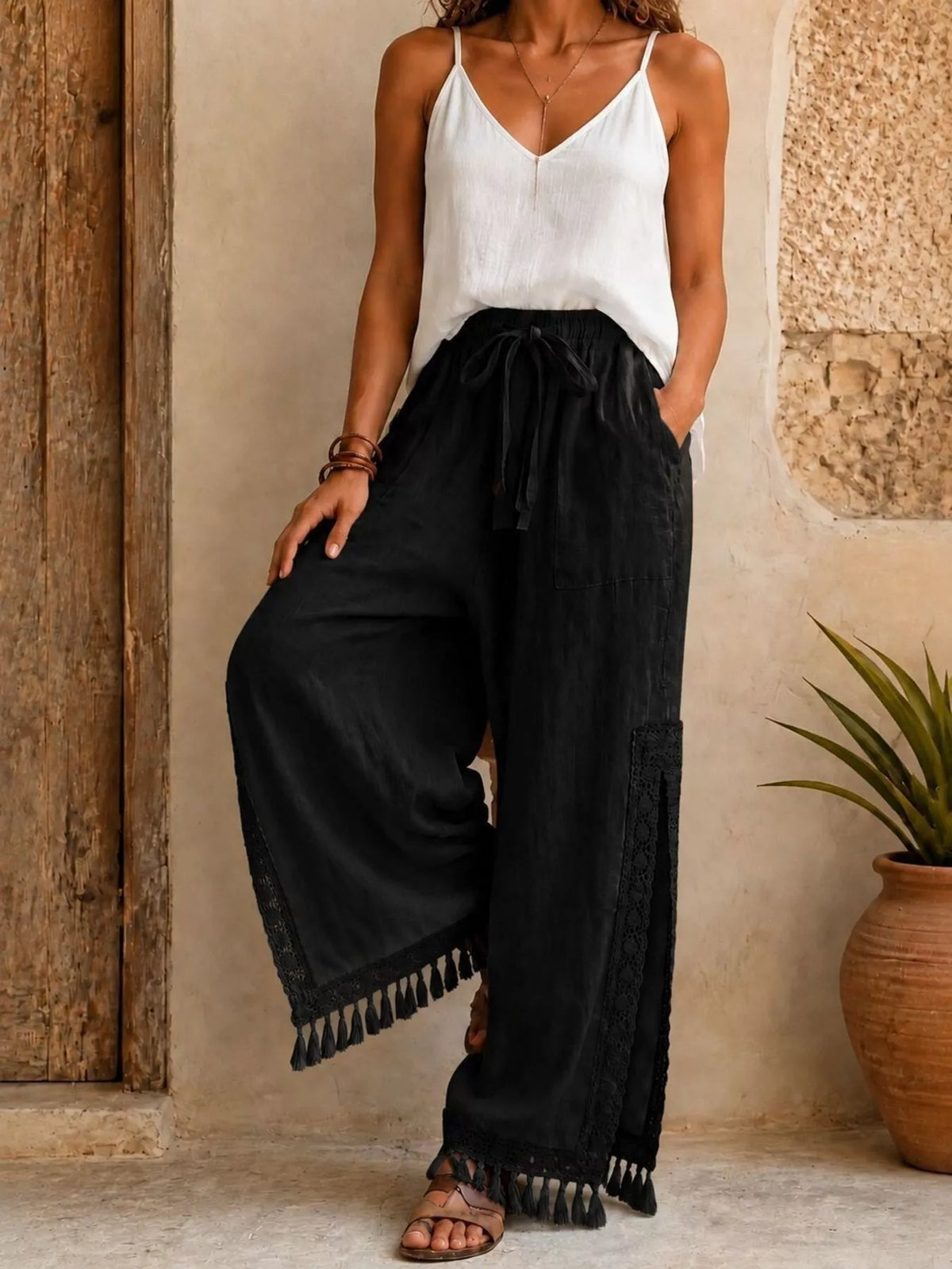 Lace Detail Slit Wide Leg Pants