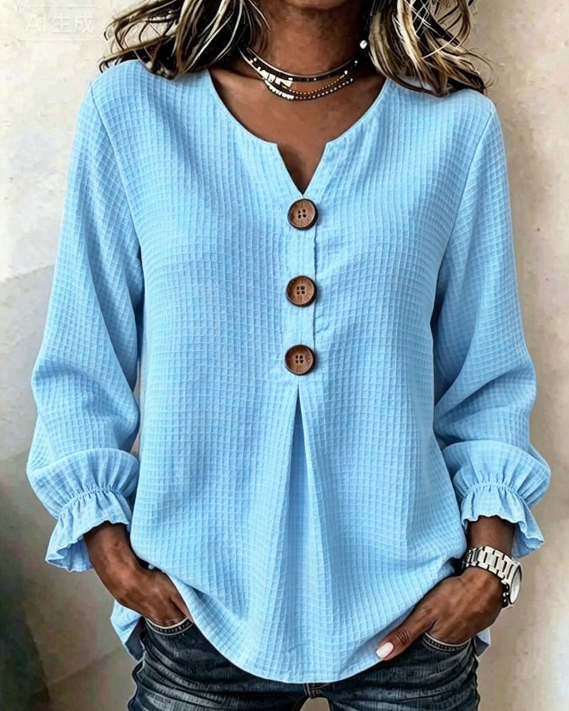 Three-Button Ruffle Sleeve Waffle Knit Long Sleeve Top