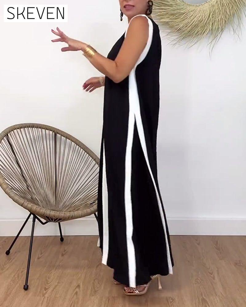 Fashionable contrasting print V-neck sleeveless dress