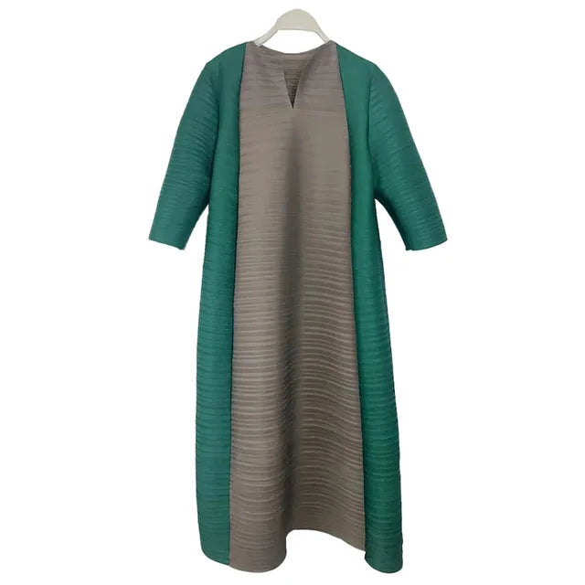 Miyake Pleated Contrast Splice Midi Dress