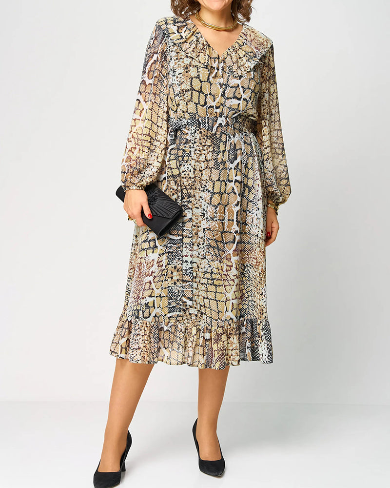 Flounce-Collar Lantern-Sleeve Printed Dress