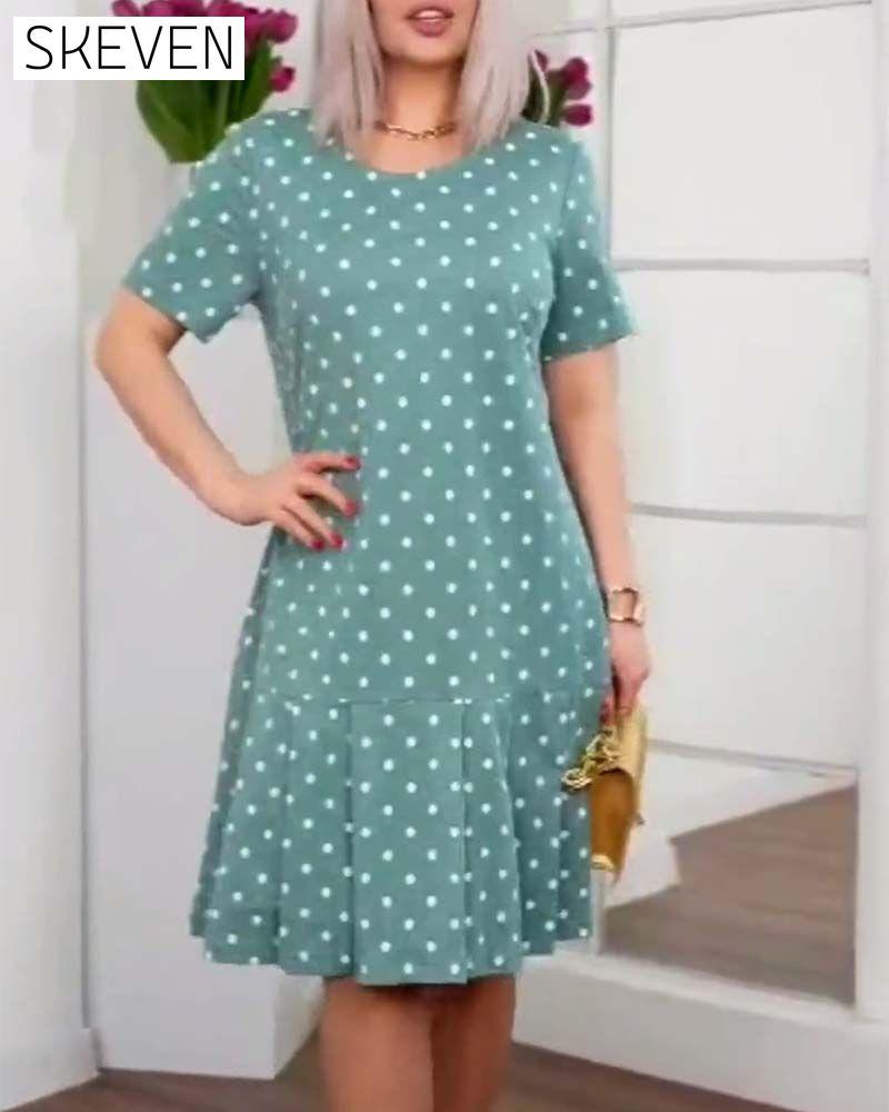 Polka dot print short sleeve casual dress Green casual dresses summer