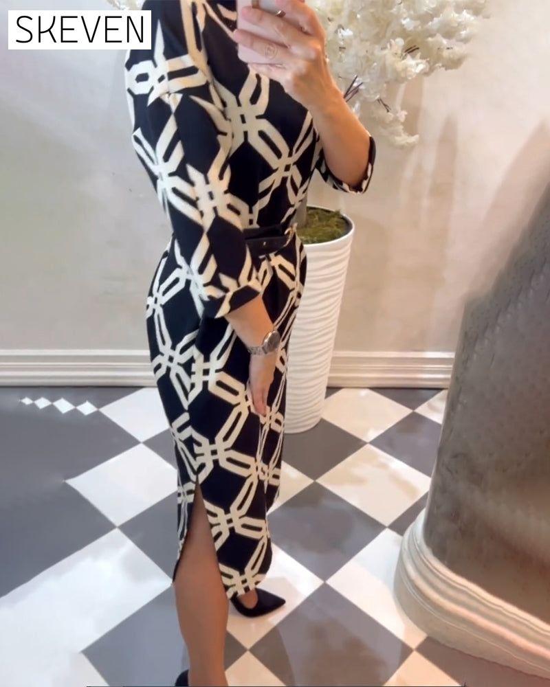 Geometric print side slit elegant dress
