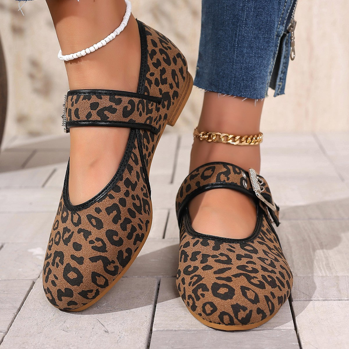 Mary Jane Leopard-print Belt Buckle Round-toe Sling-back Flats