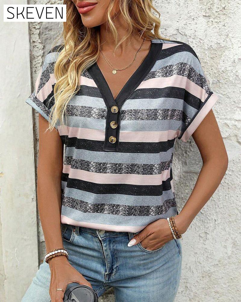 V-Neck Three-Button Striped T-Shirt