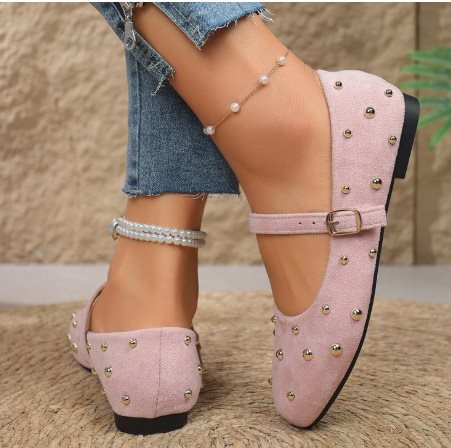 Mary Jane Womens French-style Rivet-studded Round-toe Flat Shoes
