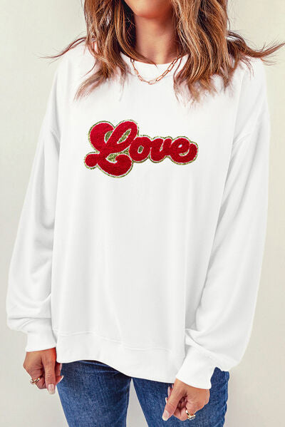 Blue Zone Planet |  LOVE Embroidered Round Neck Dropped Shoulder Sweatshirt