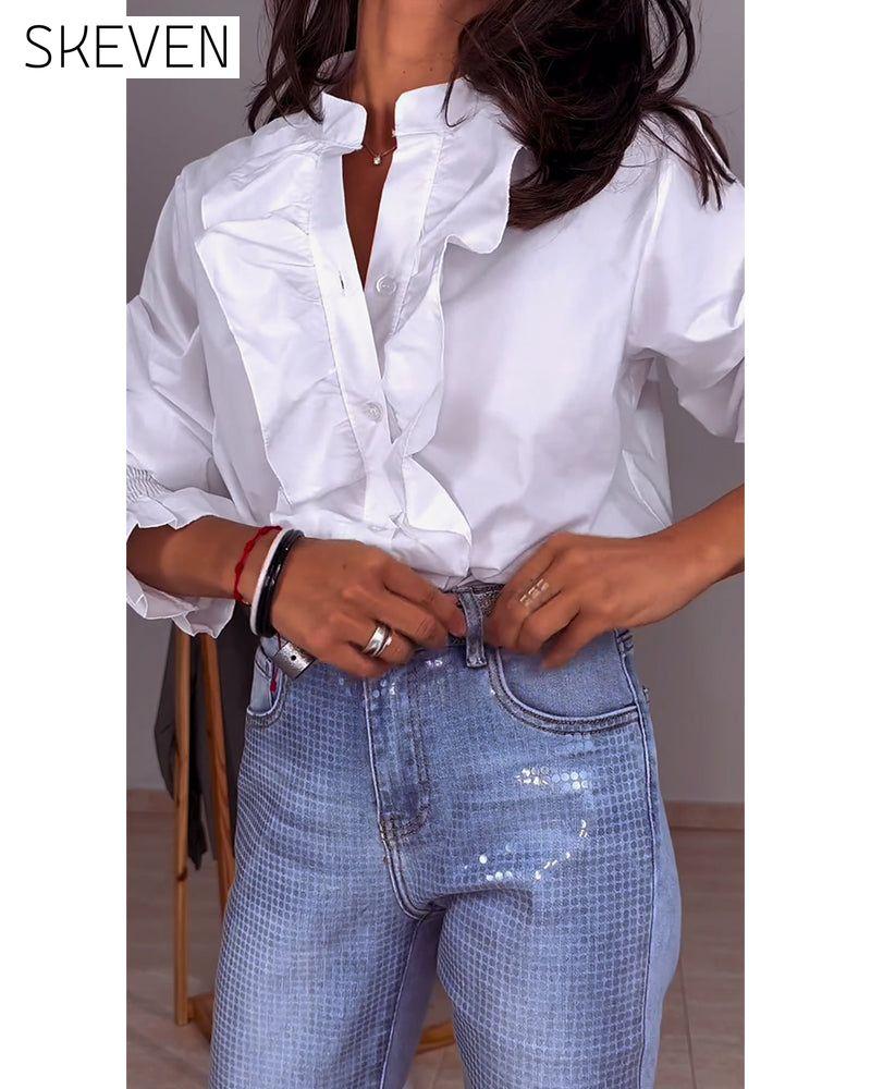 Solid color ruffled stand collar blouses