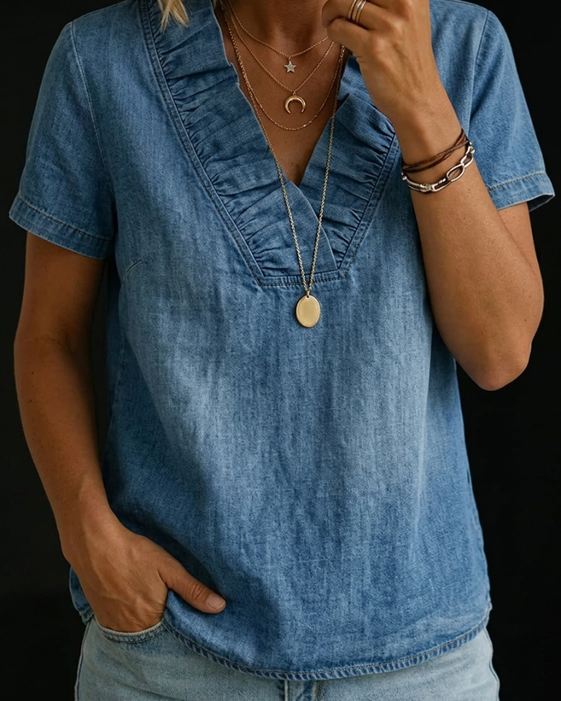 Ruffled V-Neck Denim Blouse