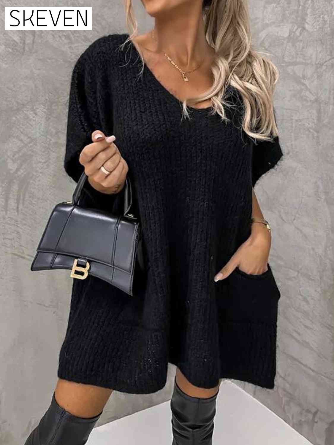 Short Sleeve Sweater Dress with Pockets A@Y@M clothes Ship From Overseas
