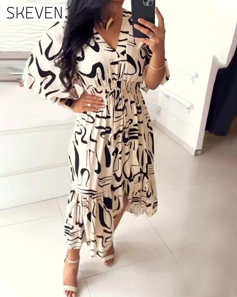 V-neck waist ink print dress