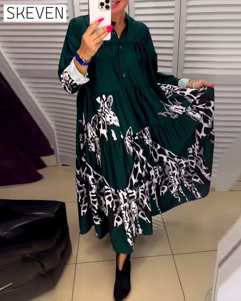 Printed button casual long dress