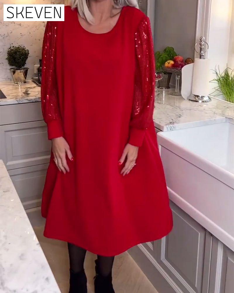 Fashionable solid color sequin patchwork long-sleeve dress