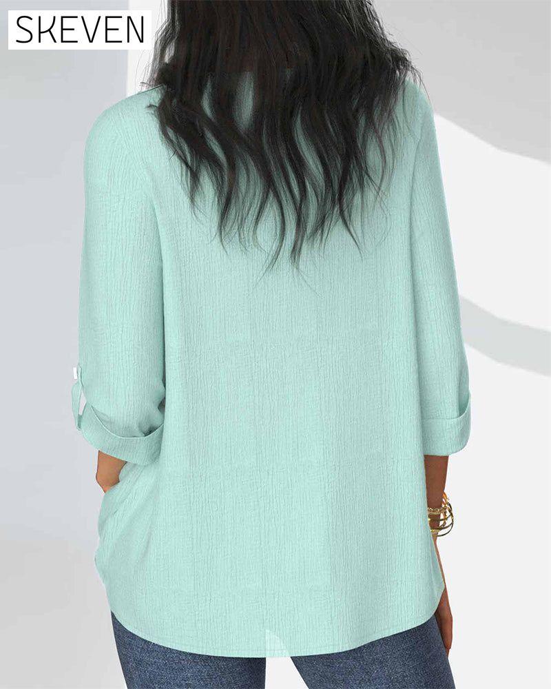 Solid color pleated sleeve button lace casual blouse