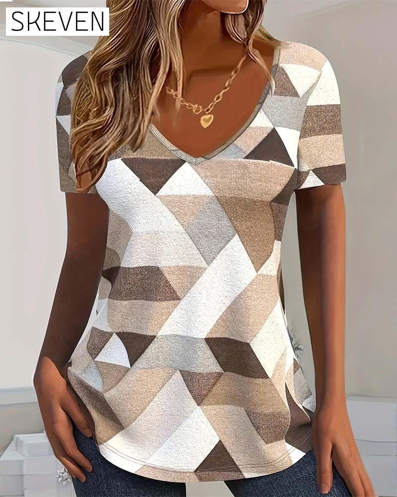 Lässiges Color-Block-T-Shirt mit V-Ausschnitt