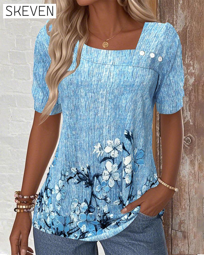 Slant Collar Printed Button-Down Blouse