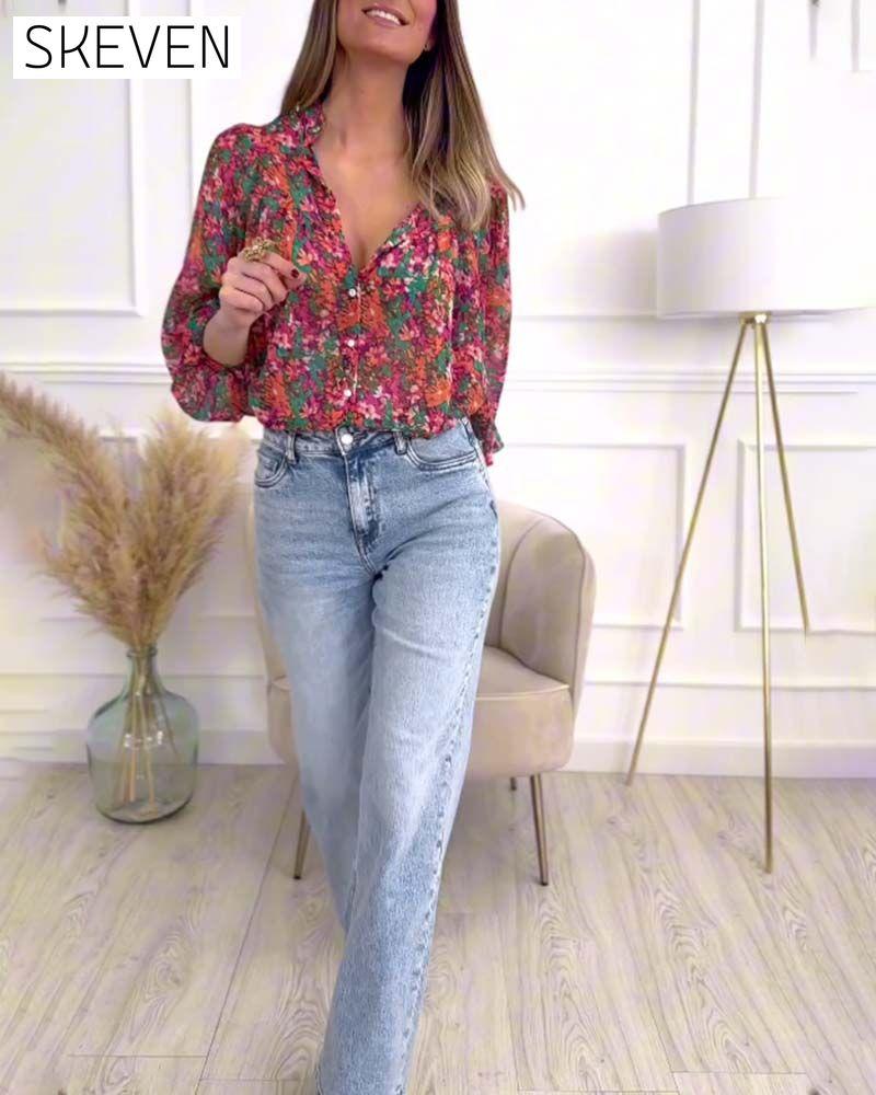 Puff-sleeve printed button-down shirt