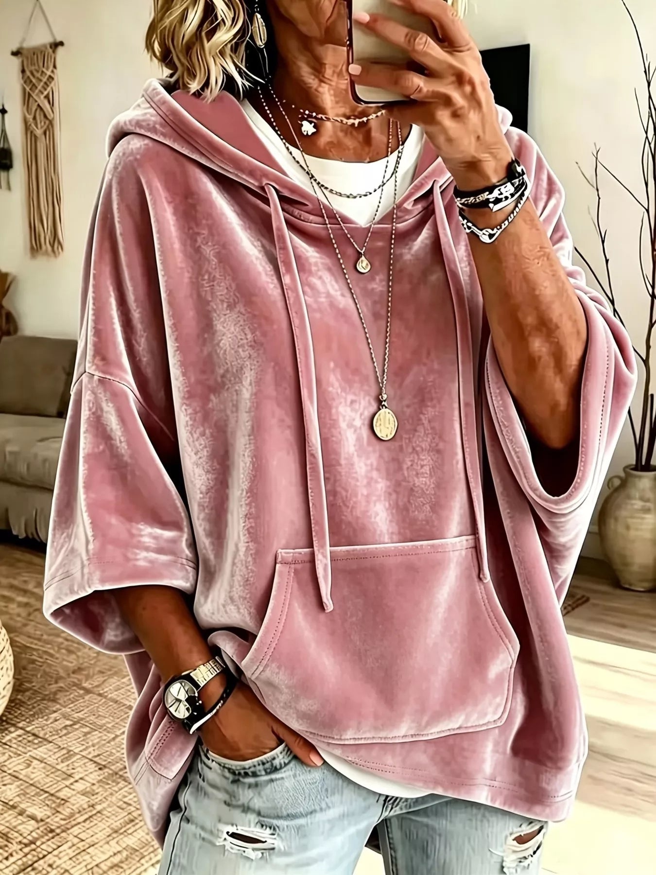 Full Size Velvet 3/4 Sleeve Hoodie with Kangaroo Pocket Plus Size