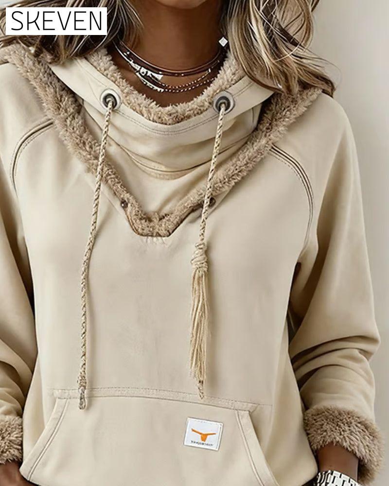 Patchwork-Langarm-Sweatshirt mit Tasche