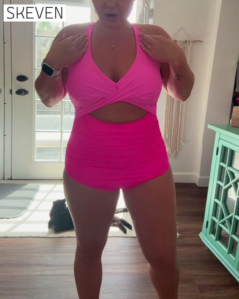 Fashionable Color Block Halter One Piece Swimsuit