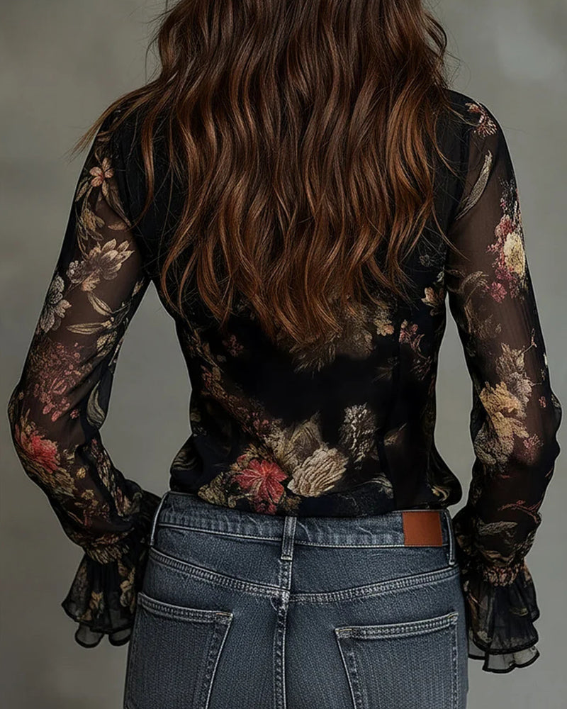 Ruffled V-Neck Printed Blouse