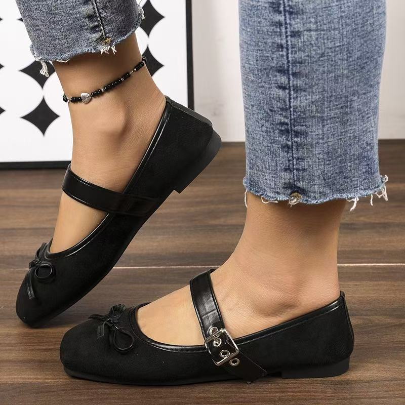 Mary Jane Women's French-style Large-size Square-toe Flat Shoes With A Bow Detail