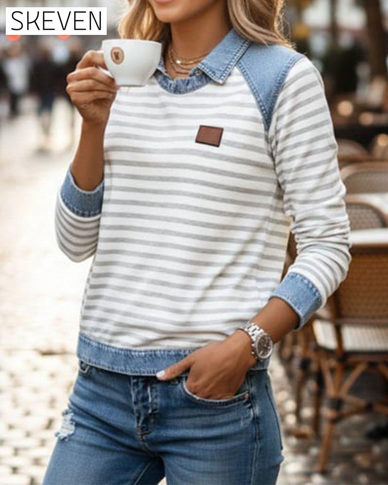 Denim-Farbblock-Streifen-Sweatshirt